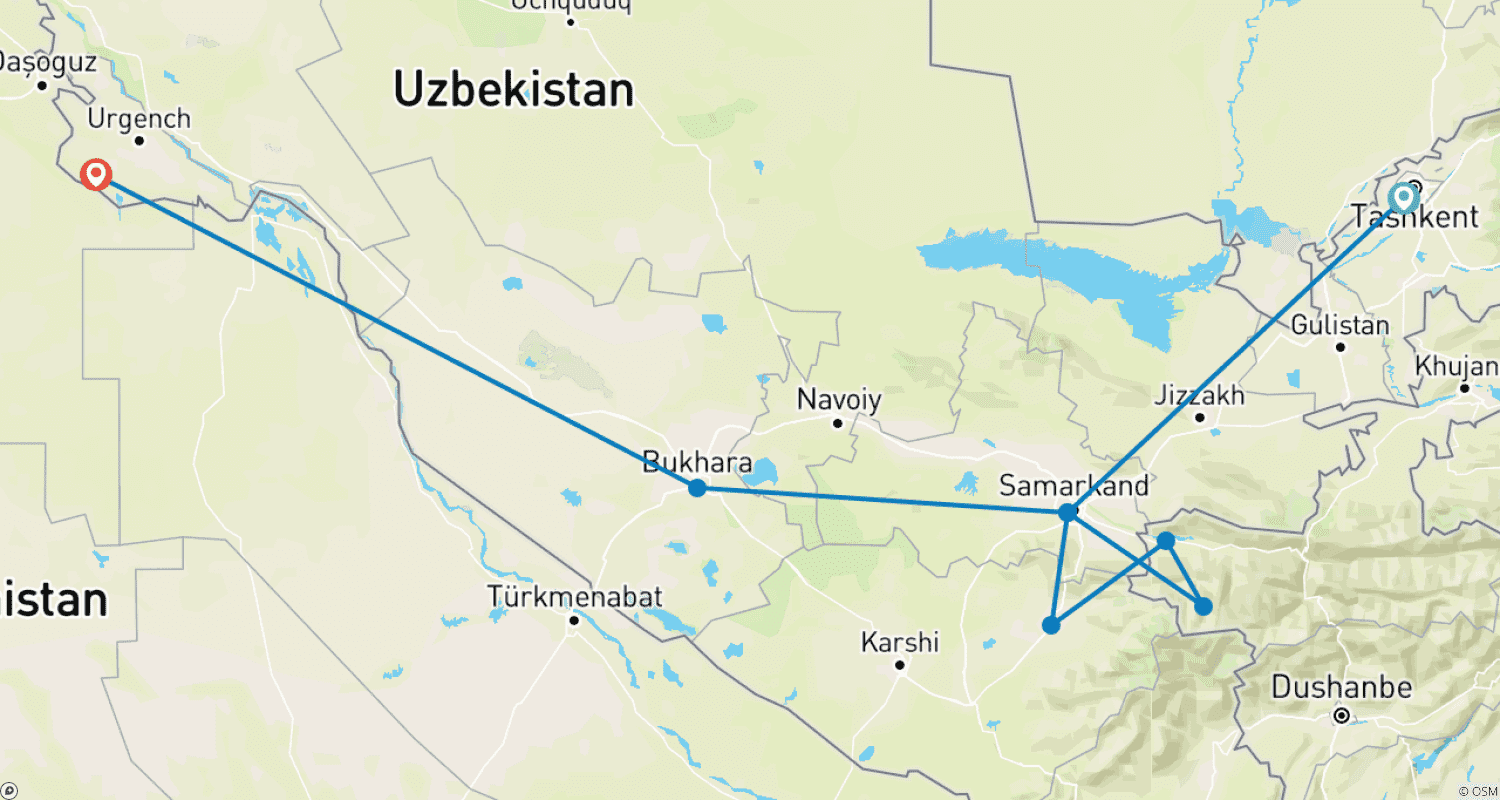 Mapa do percurso de Usbekistans Blaue Perlen - Geführte Privatreise