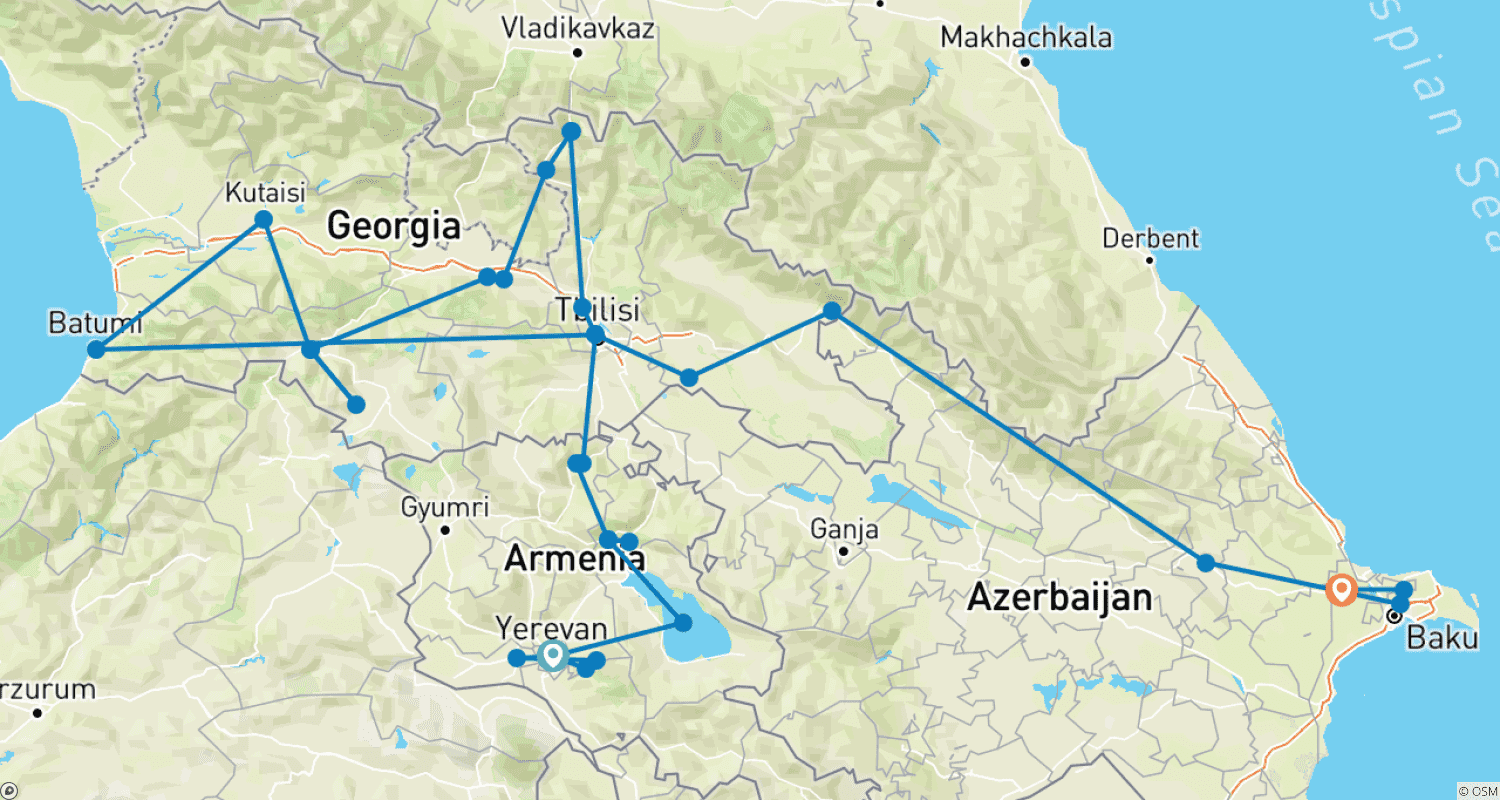 Mapa do percurso de Armênia - Geórgia - Azerbaijão - Viagem Privada Guiada