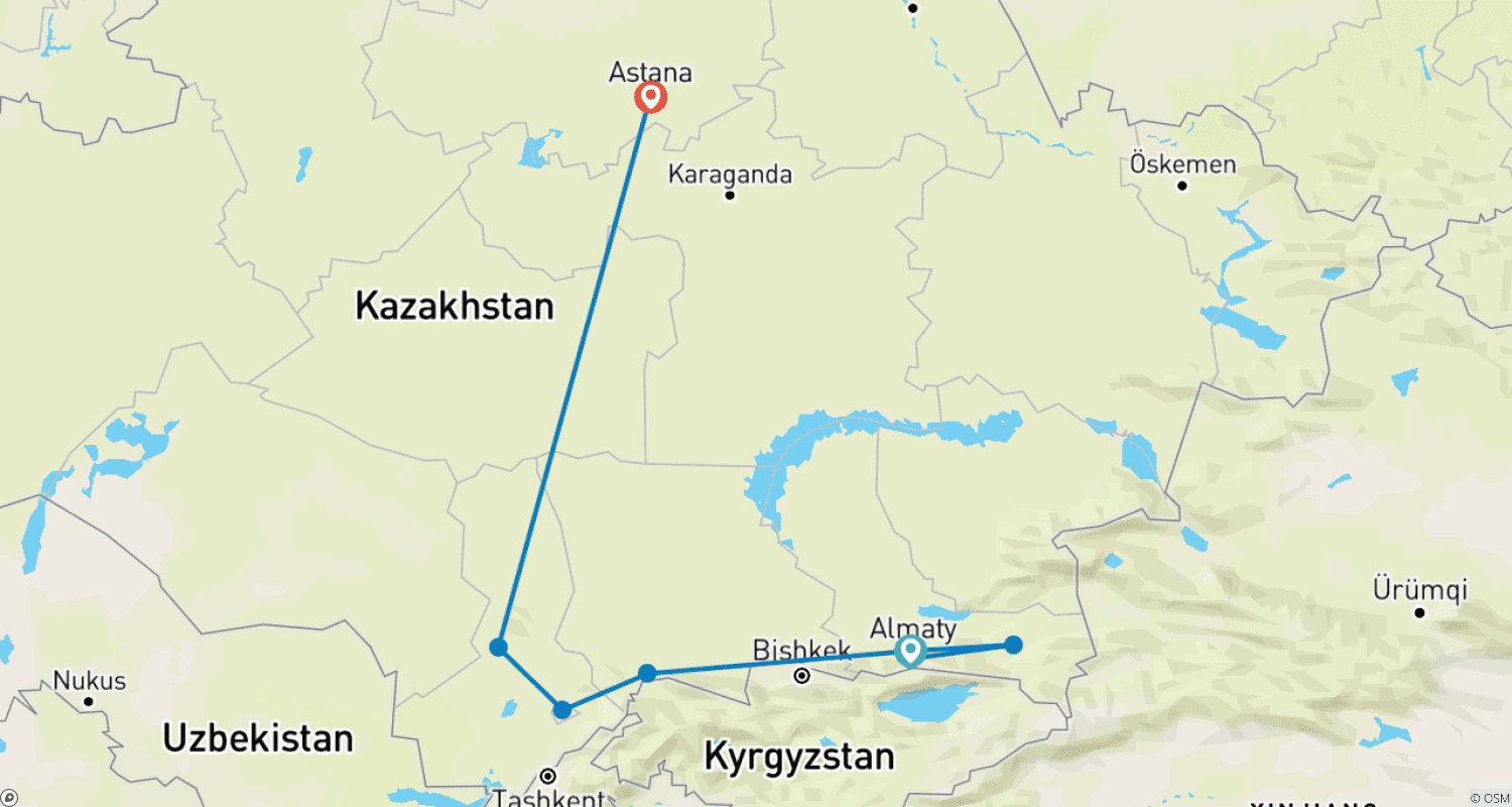 Mapa trasy: Kazachstan - Z Ałmaty do Astany - Prywatna wycieczka z przewodnikiem