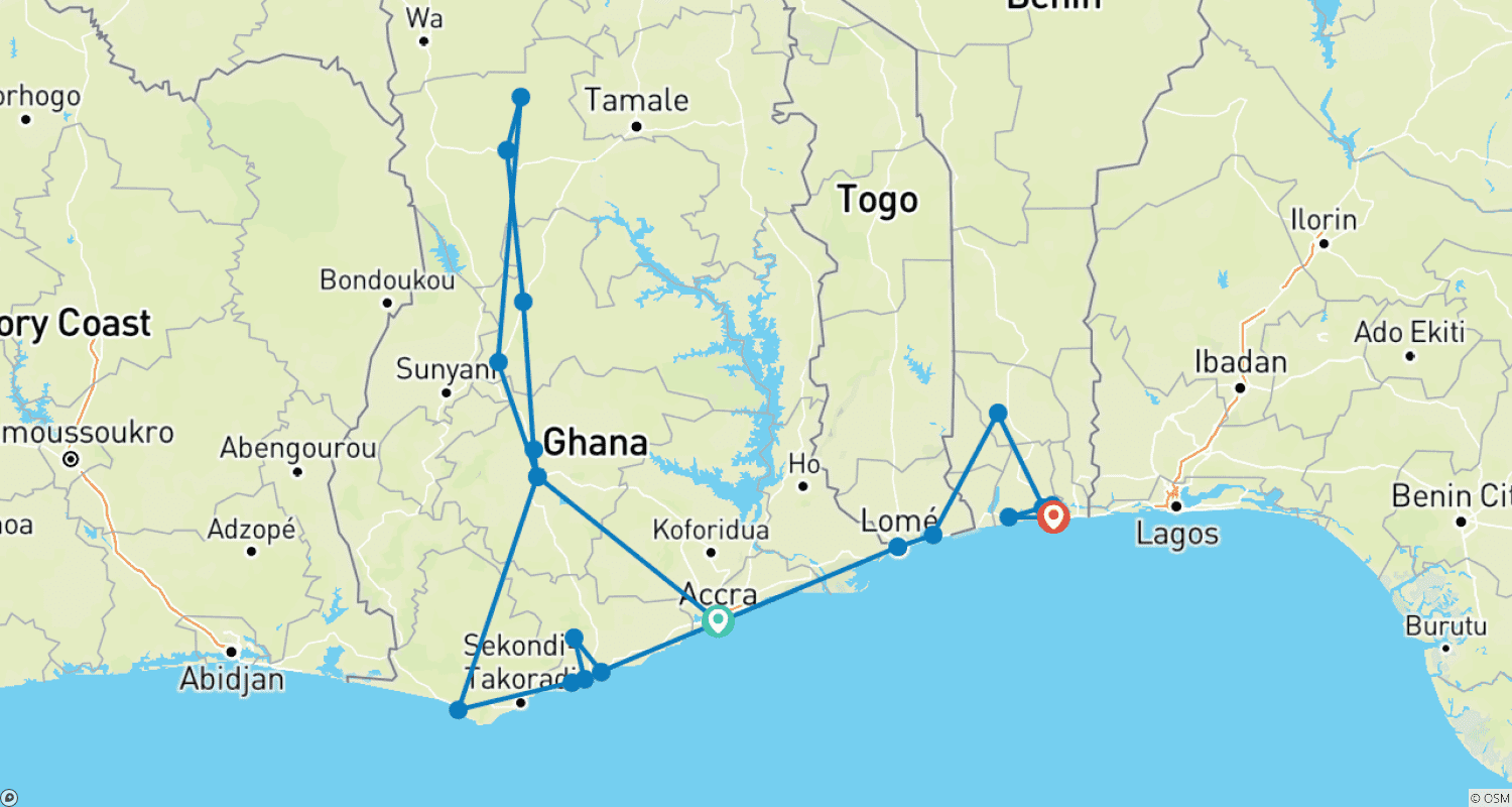 Mapa trasy: Mega Festiwal: 21-dniowa wycieczka po Ghanie, Togo i Beninie.