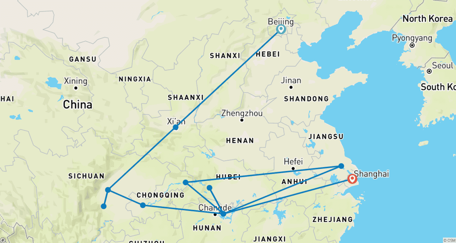 خريطة مسار Giant Panda & Yangtze River Group Tour 14D