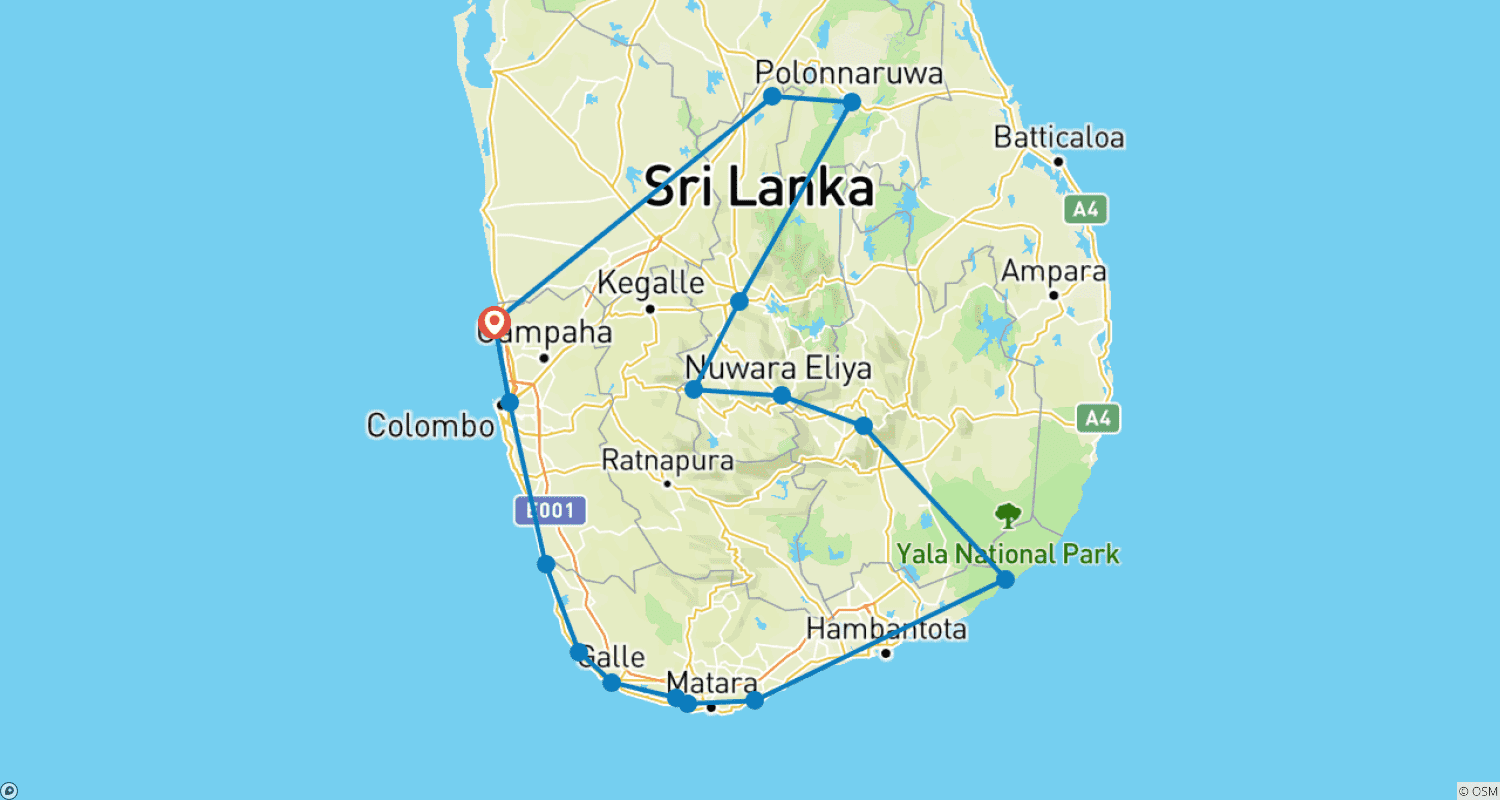 Mapa do percurso de Grande Descoberta do Sri Lanka