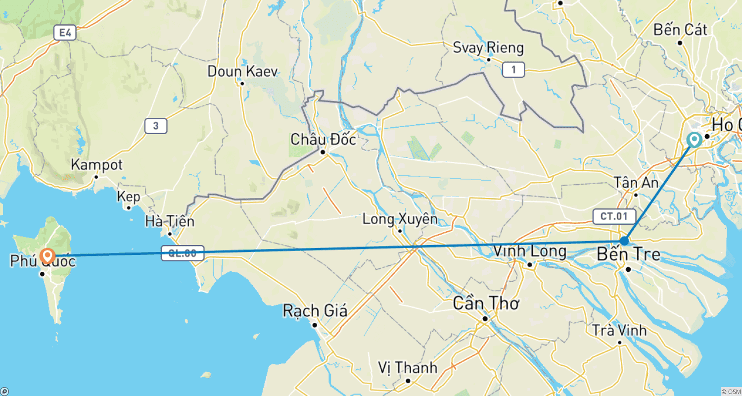 خريطة مسار مغامرة ميزانية لمدة 6 أيام: مدينة هو تشي منه، دلتا ميكونغ وPhu Quoc Island