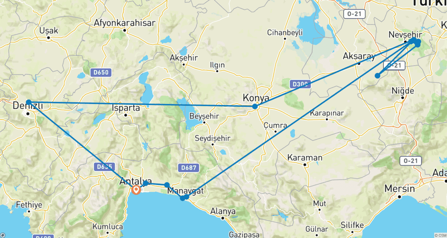 Mapa do percurso de Turkey From the Mediterranean to Cappadocia - Guided Private Tour