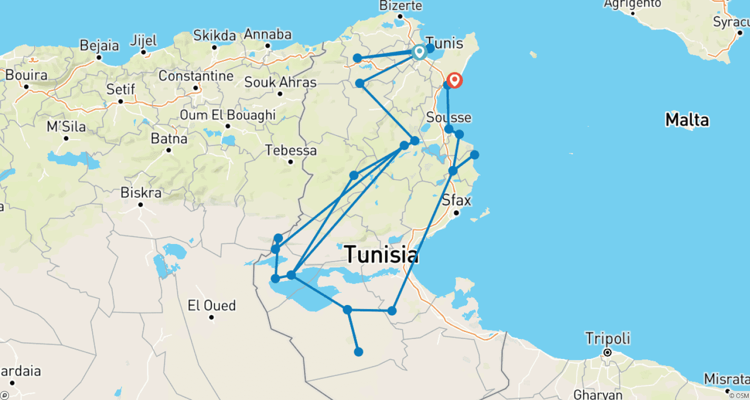 خريطة مسار Tunisia's Highlights From/to Tunis - Guided Private Tour