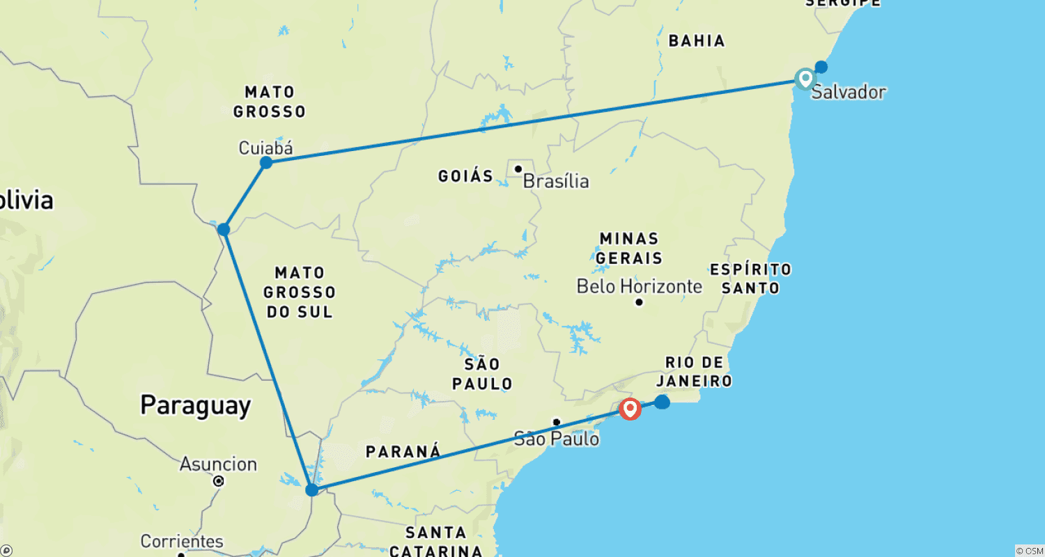 13 Tage Wunderbares Brasilien in Kleingruppeのルートマップ