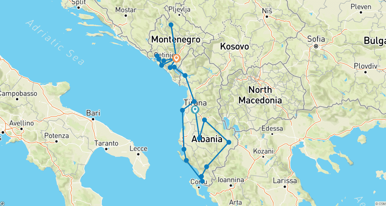 Mapa do percurso de Viagem pela Albânia e Montenegro - Tour autoguiado