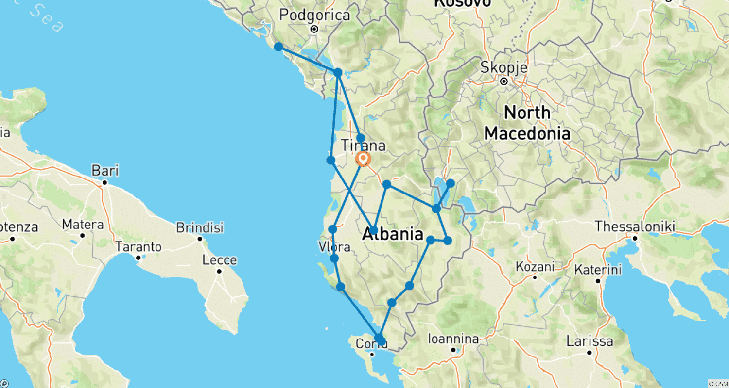 Mapa trasy: Albania kompleksowo – wycieczka objazdowa z samodzielnym prowadzeniem