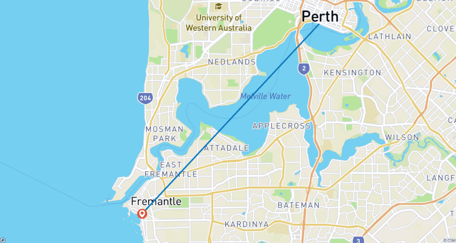 Mapa do percurso de Excursão pela Cidade de Perth e Fremantle (incluindo Cruzeiro no Rio Swan)