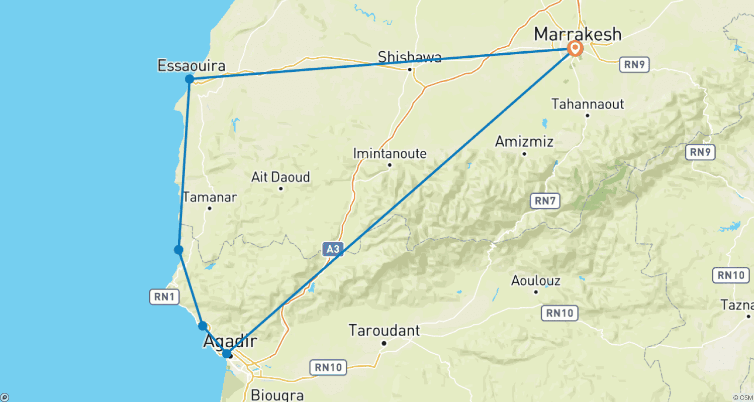 Mapa do percurso de Excursão Privada de 3 Dias pela Costa Atlântica saindo de Marraquexe