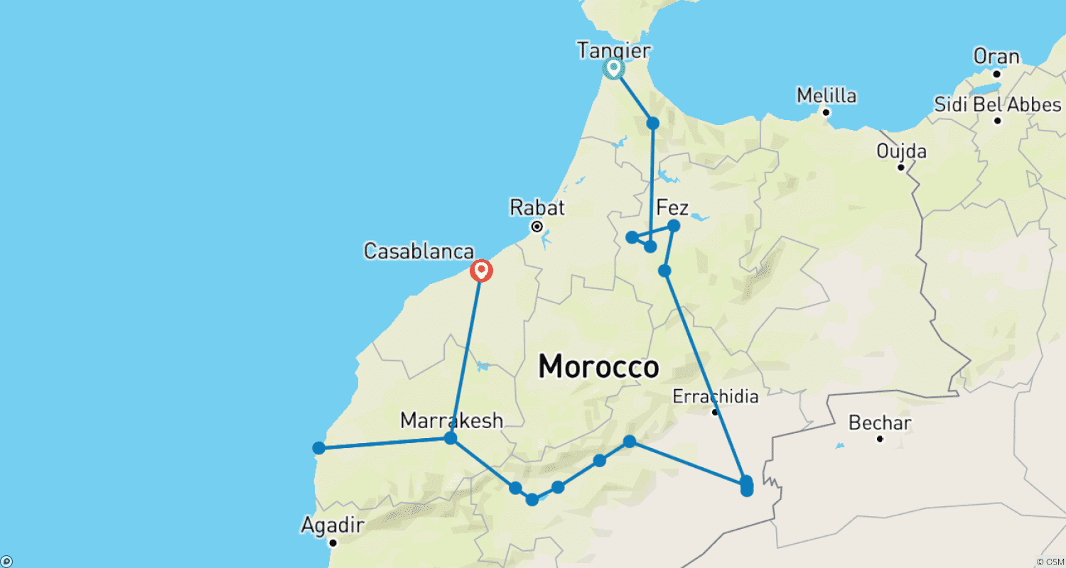 خريطة مسار جولة ثقافية خاصة في المغرب لمدة 12 يومًا من طنجة: استكشف المدن الإمبراطورية والصحراء والصويرة