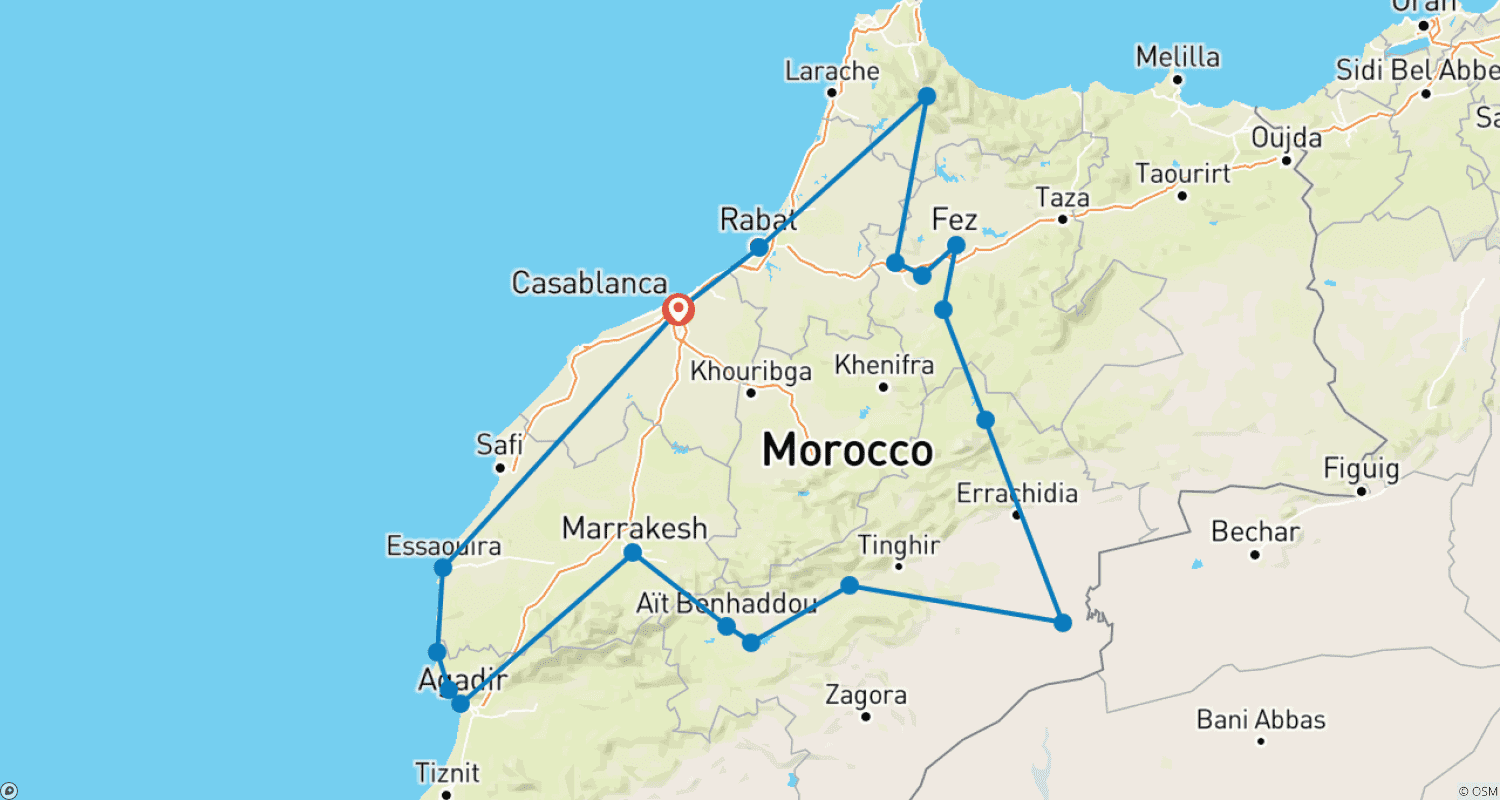 Mapa do percurso de Tour de 10 Dias pela Herança de Marrocos: De Casablanca às Cidades Imperiais e ao Deserto