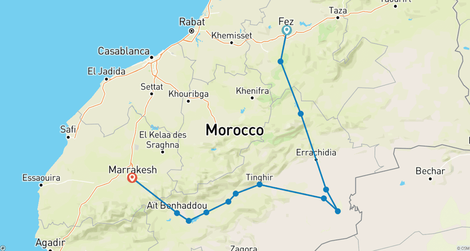 خريطة مسار The Imperial Link: 3-Day Desert Tour from Fes to Marrakech