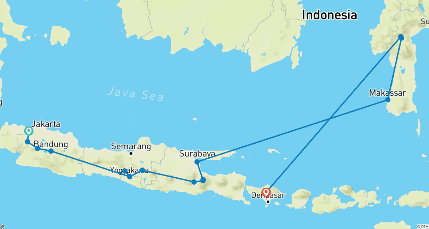 Mapa trasy: 17 dni Oblicza Indonezji: Jawa-Sulawesi-Bali