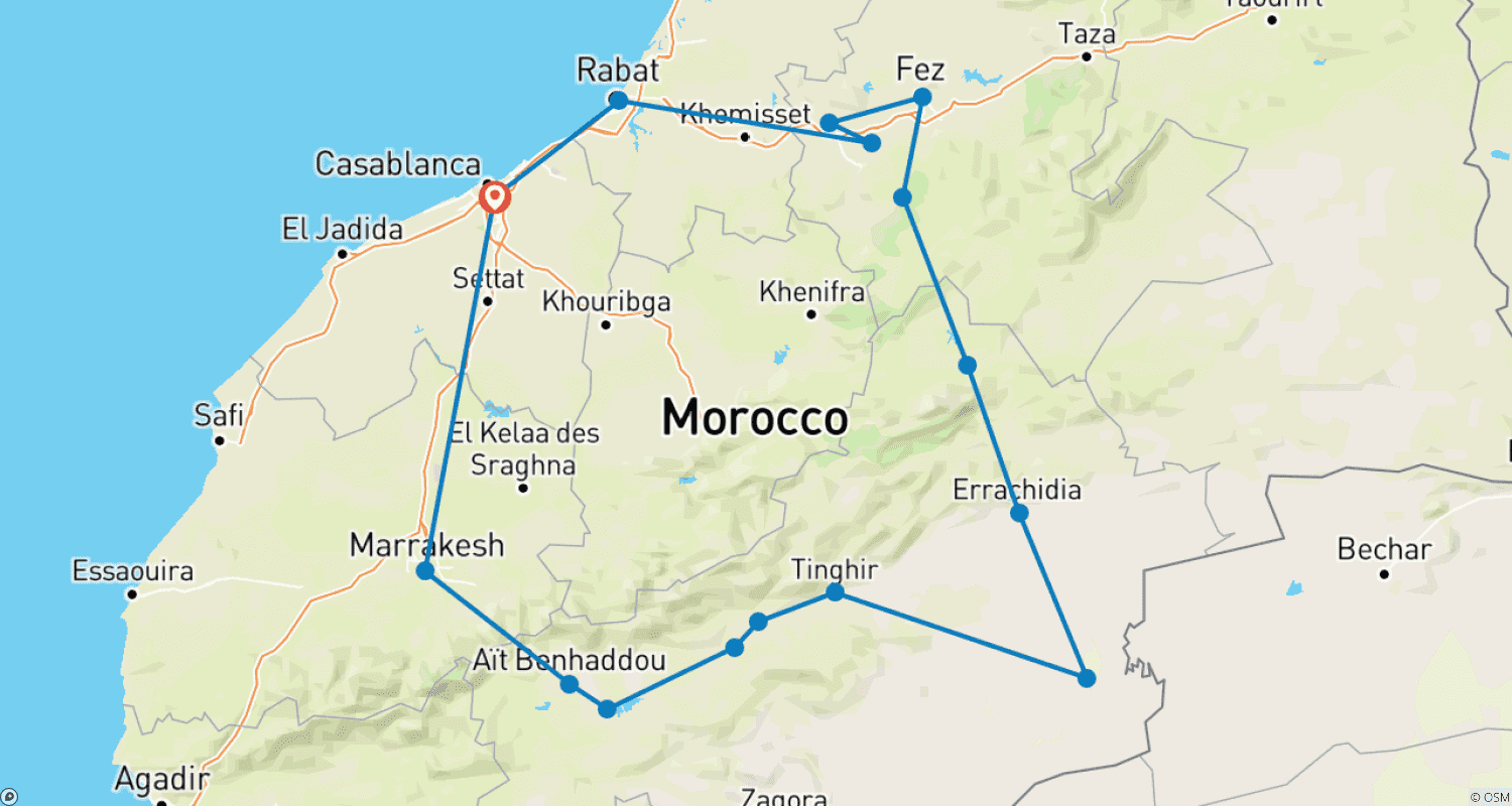 خريطة مسار جولة المغرب لمدة 6 أيام: صحراء الصحراء الكبرى والمدن الإمبراطورية انطلاقًا من الدار البيضاء