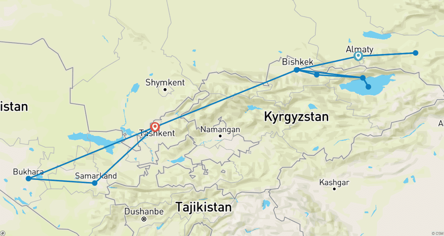 Mapa do percurso de Tour along 3-stans of Central Asia 12 Days: Kazakhstan, Kyrgyzstan, and Uzbekistan