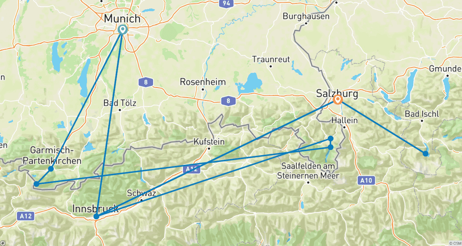Mapa do percurso de Explorando os Alpes Alemães e Suíços: Munique, Innsbruck e Salzburgo