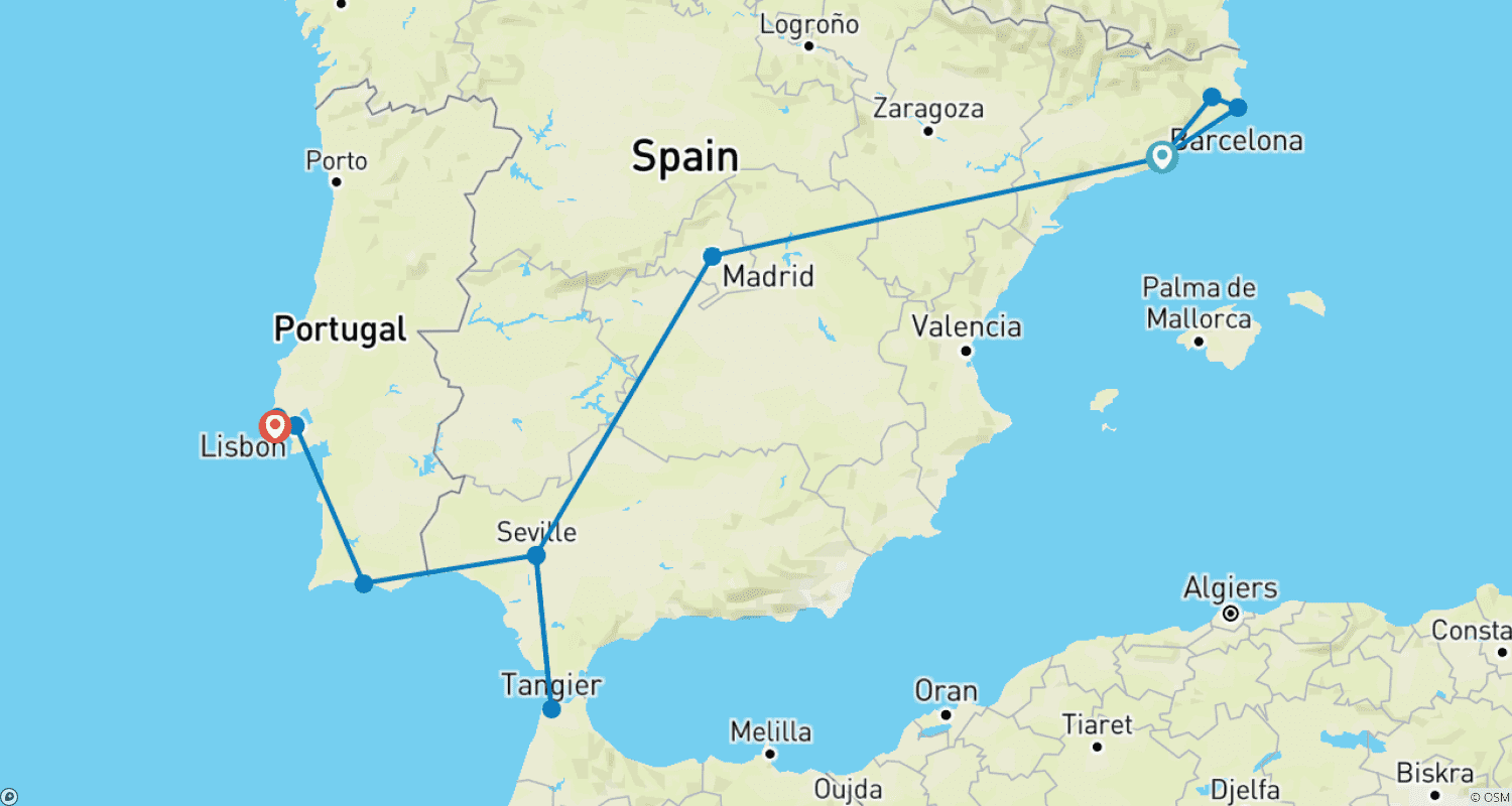 スペイン＆ポルトガルの見どころ（モロッコ日帰りオプション付き）のルートマップ