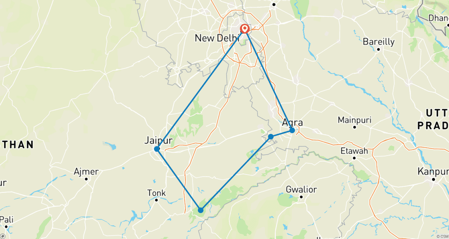 Mapa do percurso de Excursão Luxuosa por Delhi, Jaipur e Agra com Ranthambore (Hotel 5 Estrelas)