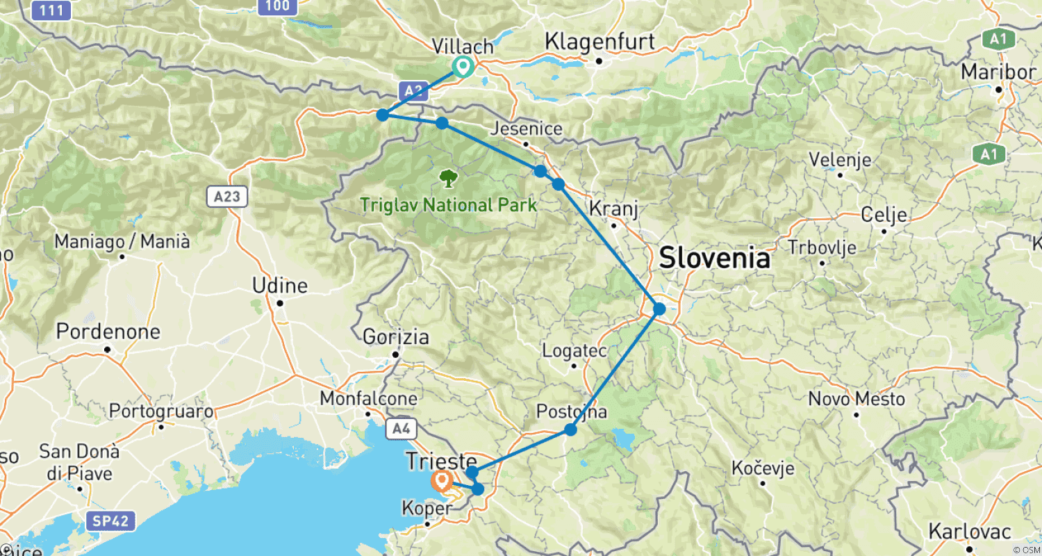 Mapa do percurso de Alpe Adria cycle path variant via Slovenia: Villach - Trieste (8 days)