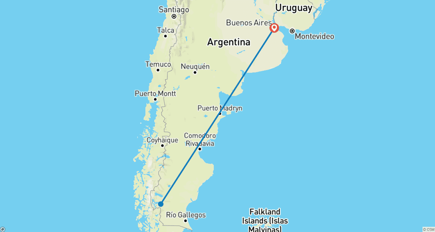 خريطة مسار 3 أيام هروب إلى El Calafate مع تذاكر طيران اختيارية من بوينس آيرس