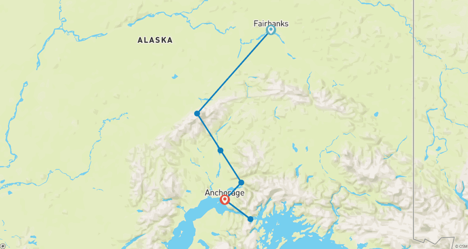 Mapa do percurso de Alasca: A Última Fronteira da América (De Fairbanks, AK a Anchorage, AK) (2026)
