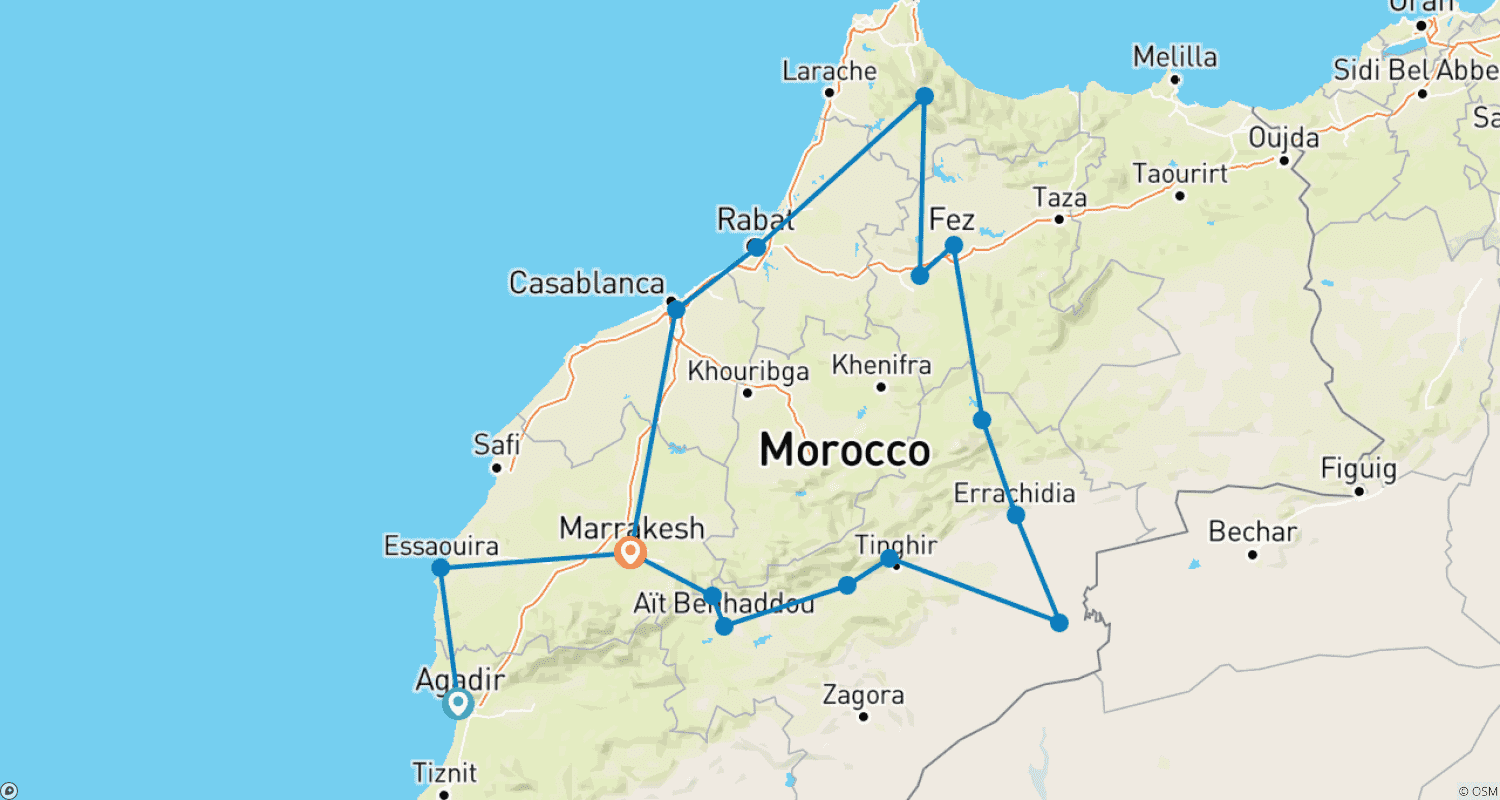 Mapa trasy: Prywatna wycieczka 12 dni: Agadir/Essaouira/Marrakech/Casablanca/Fes/Chechaouen/Pustynia