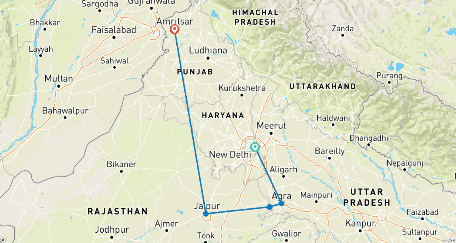خريطة مسار Luxury Delhi, Agra & Jaipur with Amritsar Tour (5-Star Hotel)!!