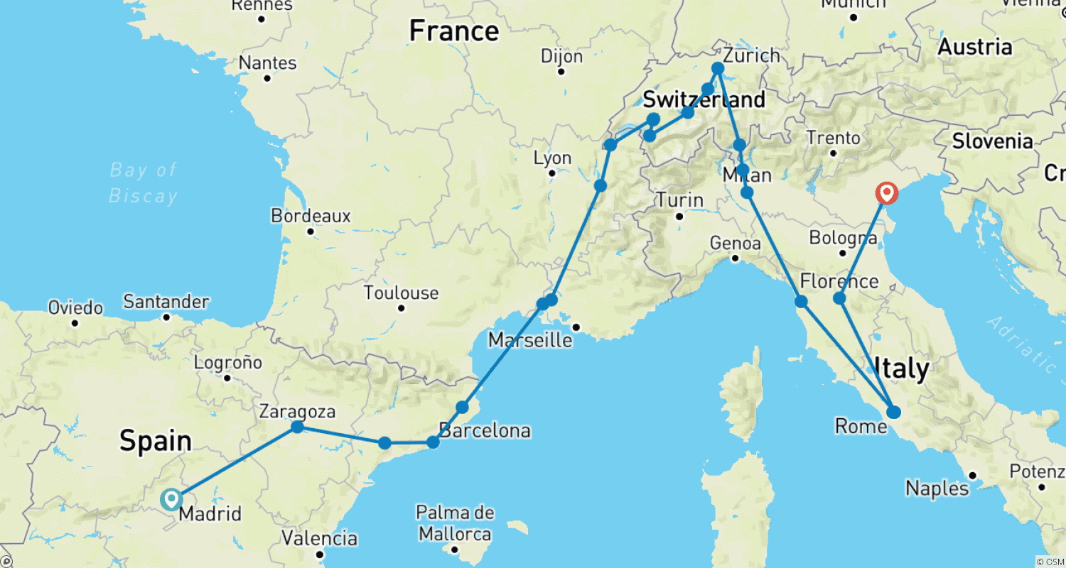 Mapa do percurso de Sul da Europa