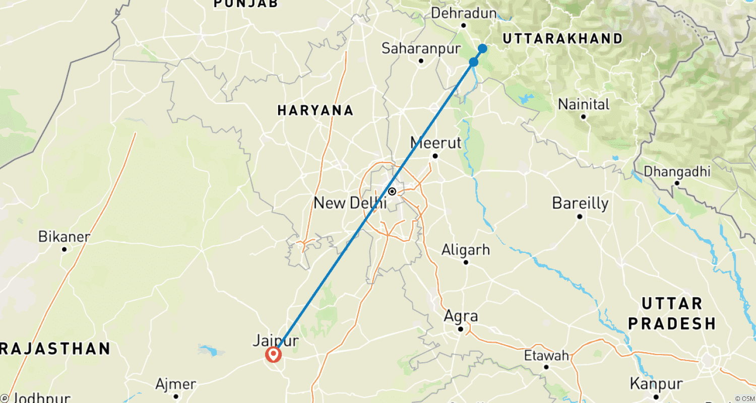 Mapa do percurso de Excursão Espiritual de 3 Dias a Haridwar e Rishikesh saindo de Jaipur