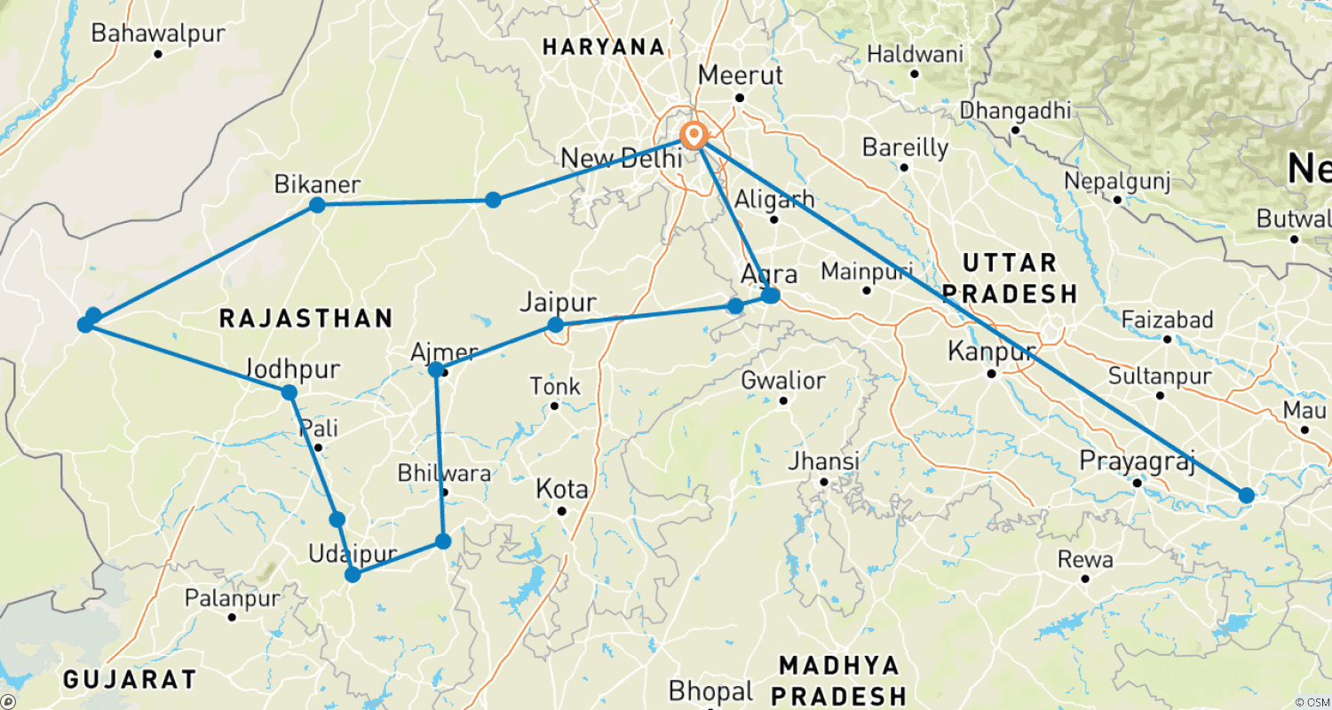 Mapa do percurso de (20 Dias) Esplendor Real e Tour Espiritual pela Índia com Hotel 5 Estrelas
