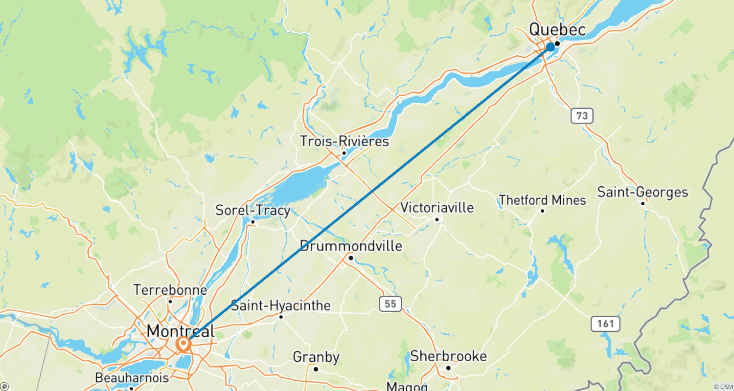 Mapa do percurso de Mercados de Natal de Montreal e Cidade de Quebec (2026)