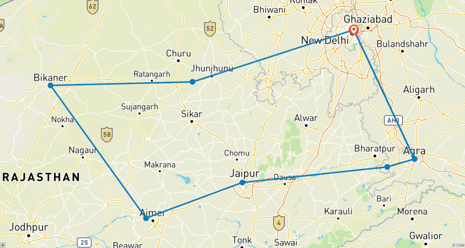 Mapa do percurso de 10-Days Golden Triangle Tour with Three star Hotels