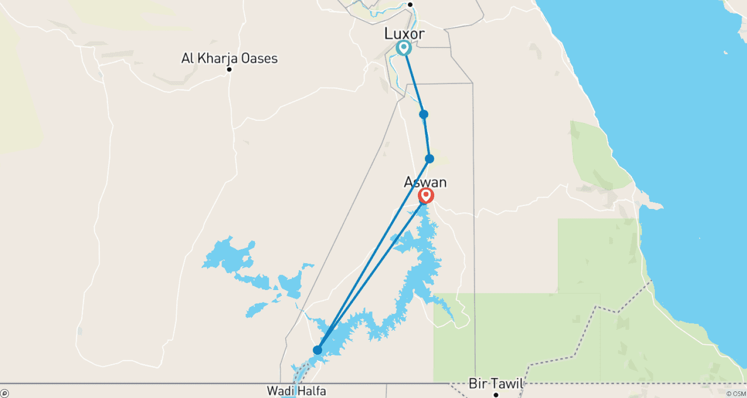Mapa do percurso de Luxor - Aswan (5 dias - 4 noites) - Cruzeiro no Nilo