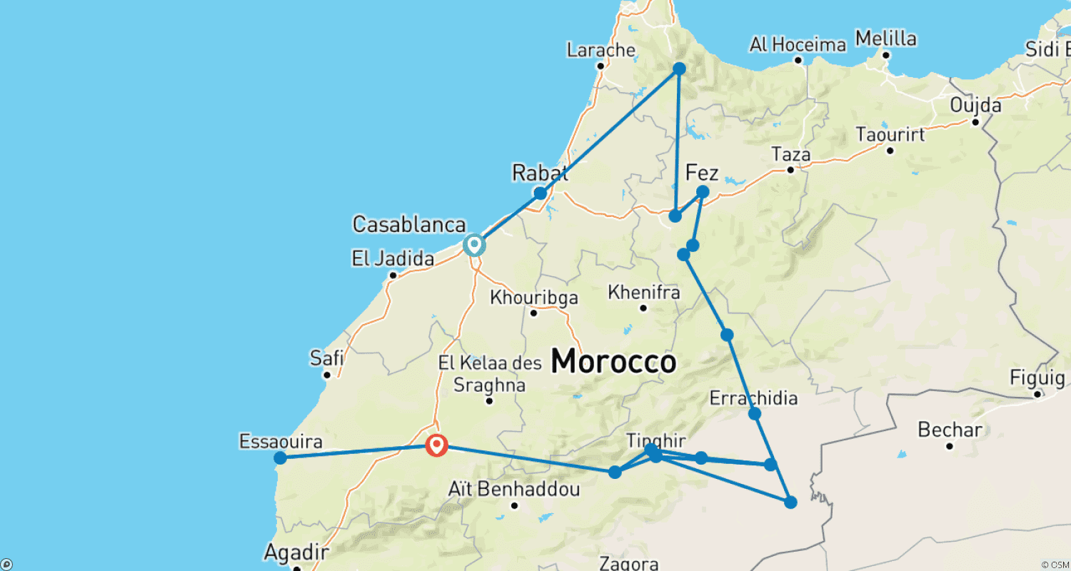 Mapa do percurso de Excursão Privada de Luxo de 9 Dias em Marrocos, de Casablanca a Marraquexe