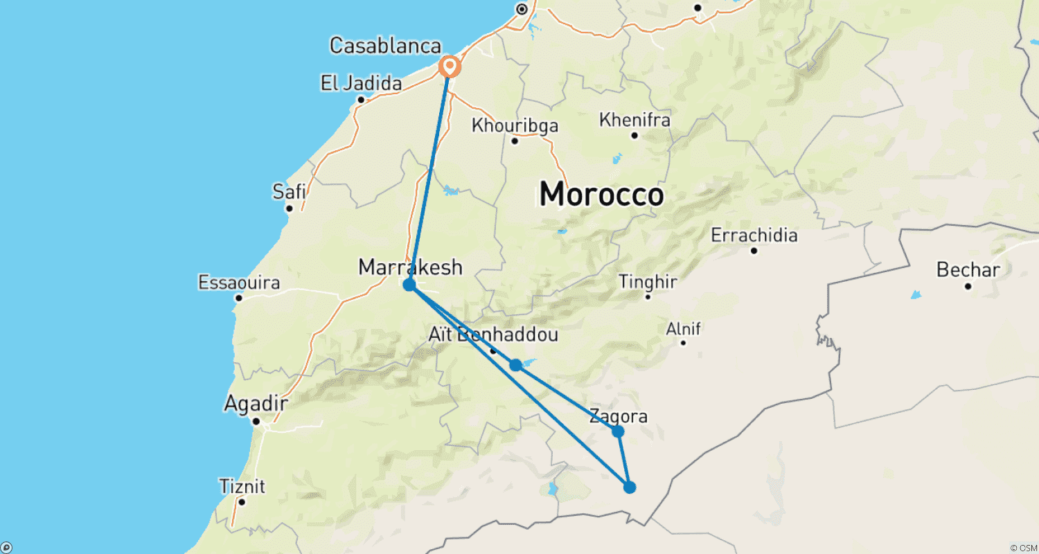 Mapa do percurso de Sonho no Deserto: Uma Viagem Marroquina de 4 Dias de Casablanca a M’Hamid