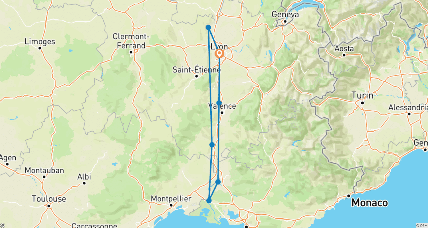 Mapa do percurso de Rota do Ródano Provença 2027