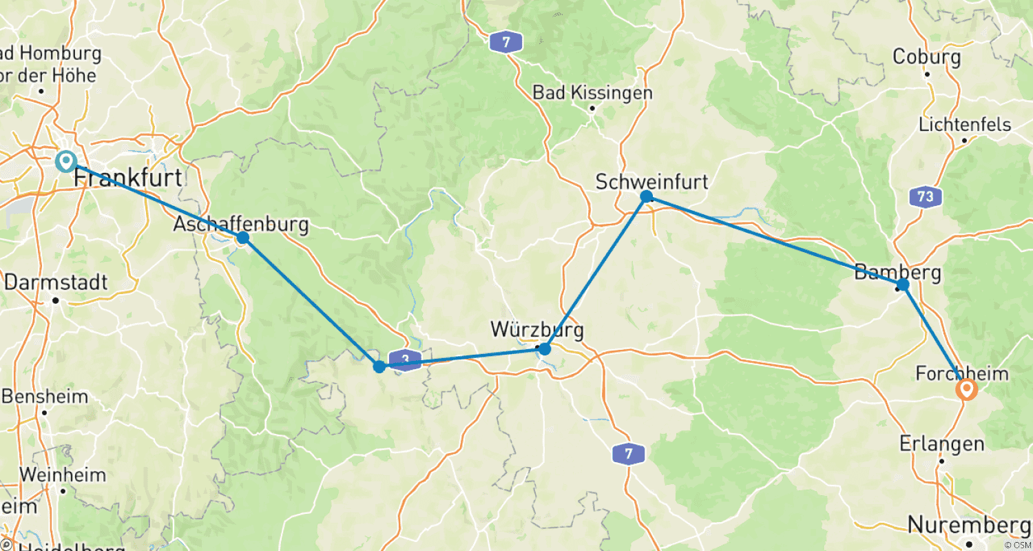 Mapa do percurso de Descoberta do Rio Meno: Frankfurt - Forchheim 2026