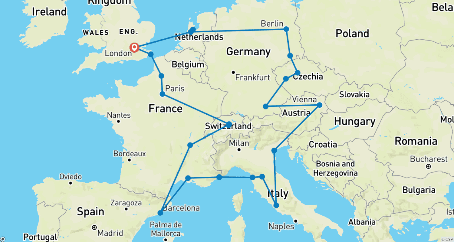 Mapa trasy: Europejski wypad (Plus, zima, start Londyn)