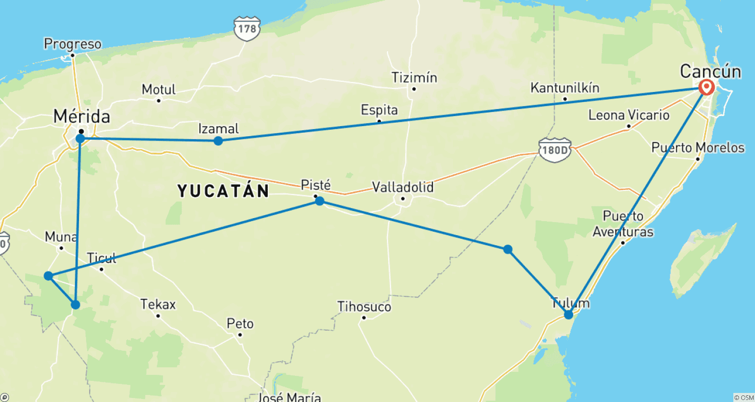 Mexico: Unveiling the Secrets of the Maya Empire - 4 daysのルートマップ