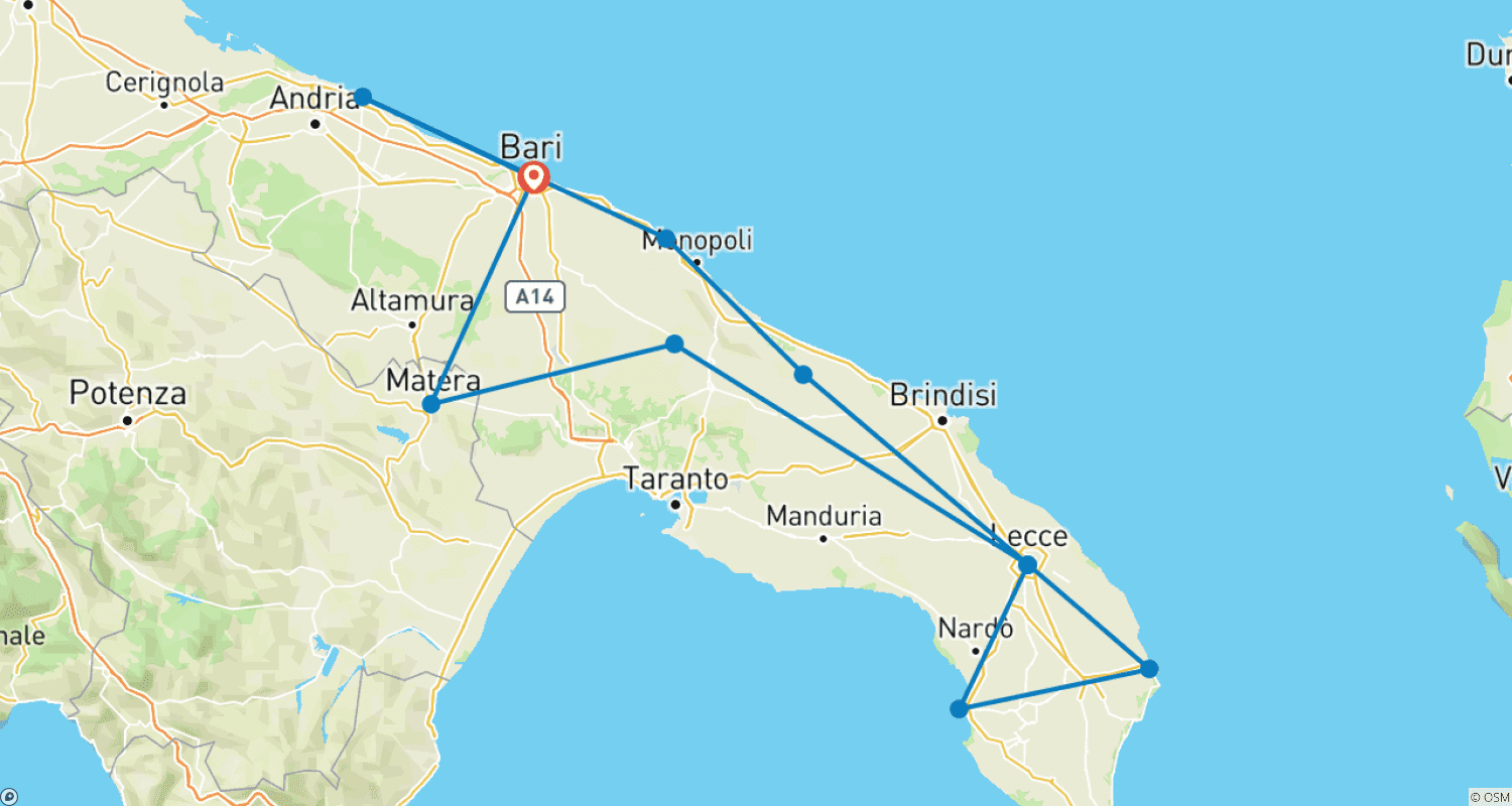 خريطة مسار 6 Days Tour of Puglia from Bari
