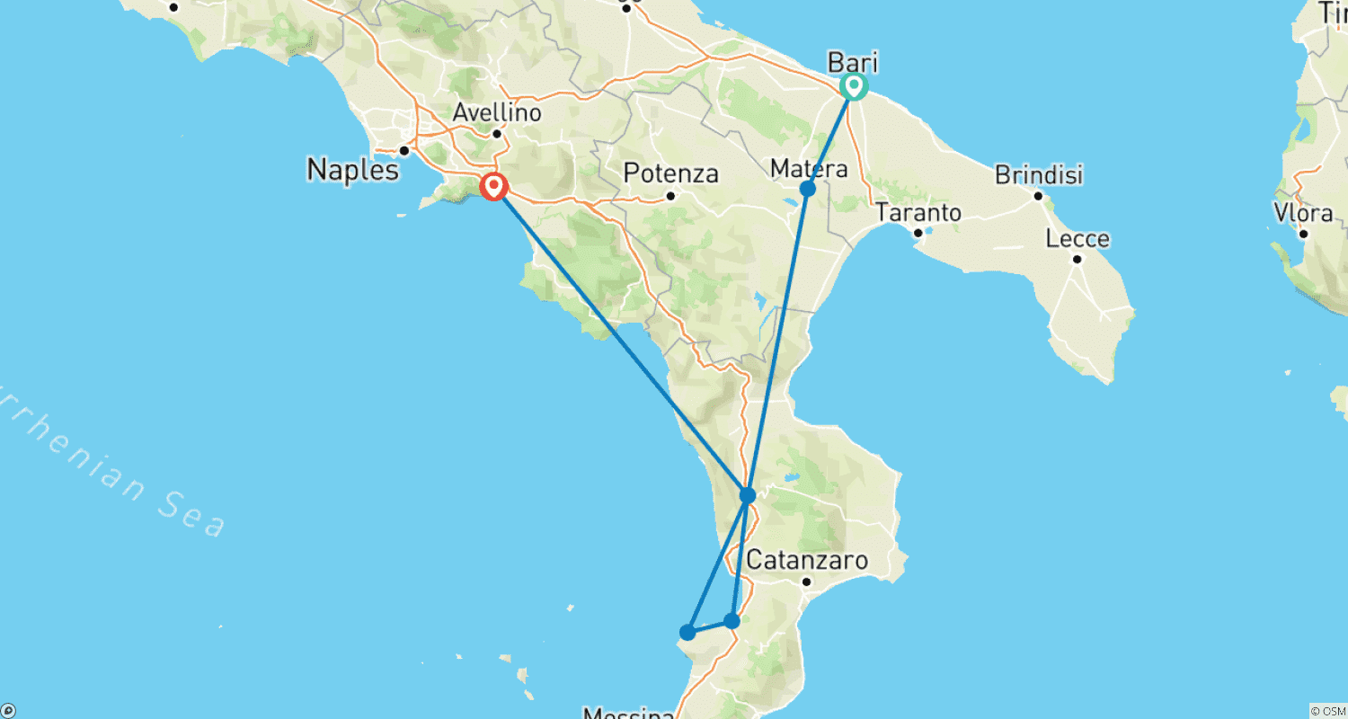 Mapa do percurso de 4 Days Calabria Tour from Bari