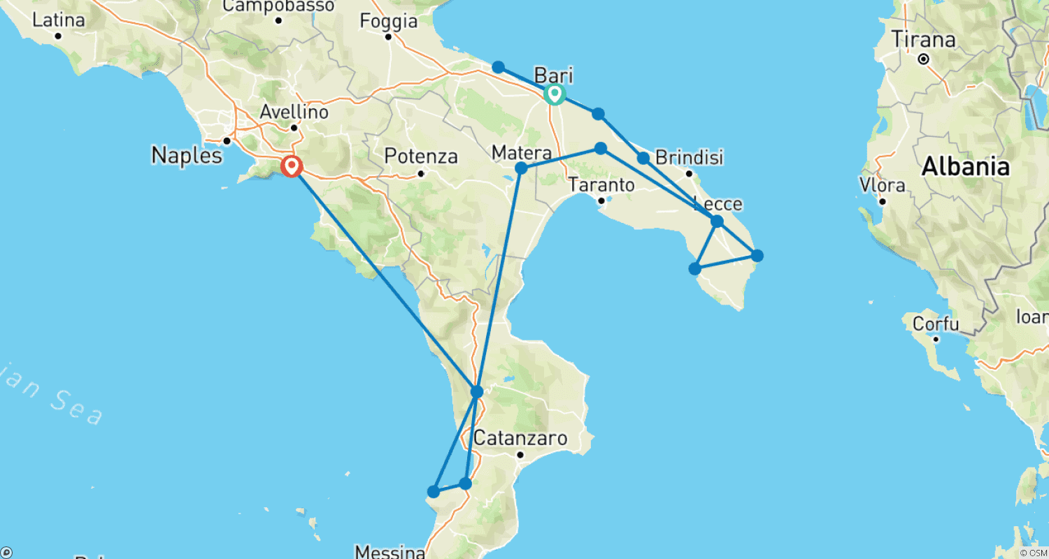 Mapa do percurso de 8 Days Puglia and Calabria from Bari