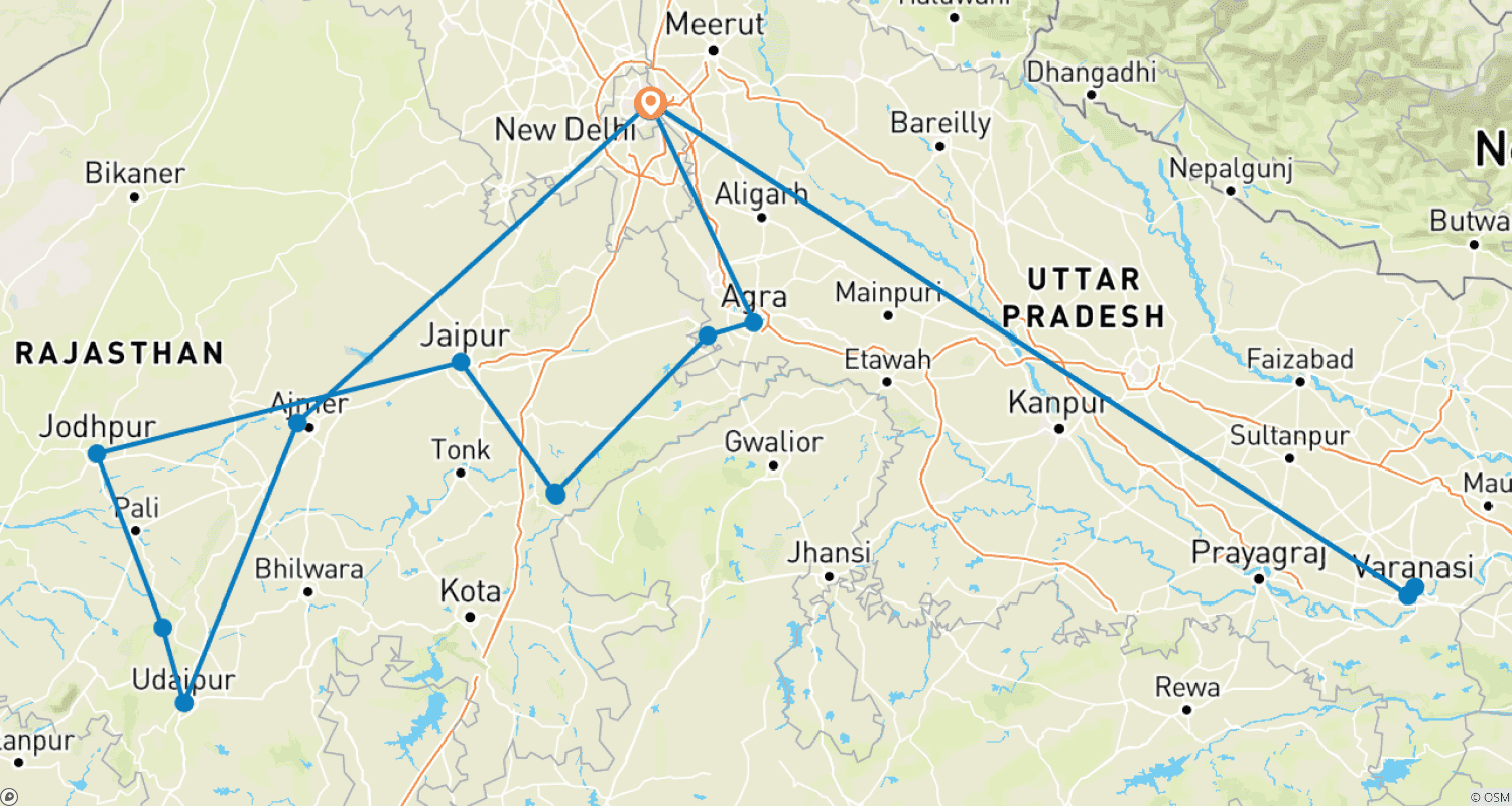Mapa trasy: Przygoda Ranthambore Wildlife Safari Tour z kompletną Północną Indiami 15 dni