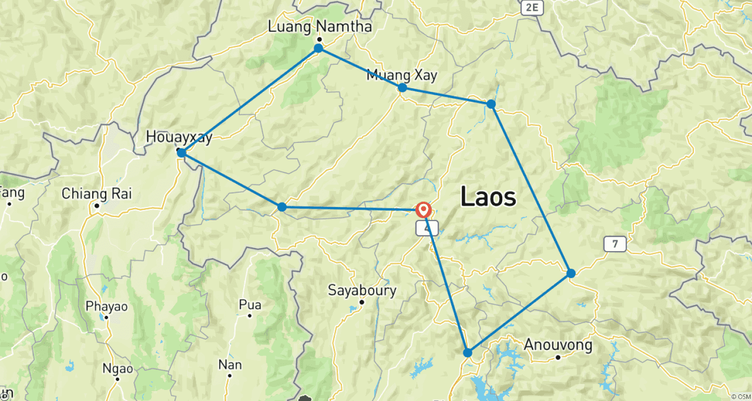 Mapa do percurso de Excursão de Motocicleta Aventureira no Laos: Explorando Montanhas Místicas de Luang Prabang a Vang Vieng