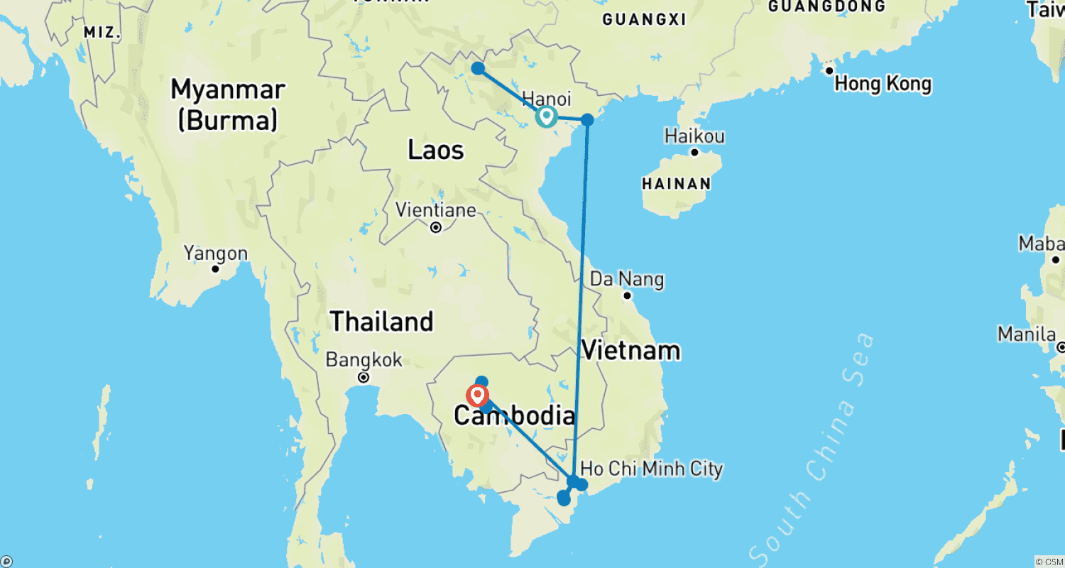 خريطة مسار Cross Vietnam and Siem Reap Tour 12 Days