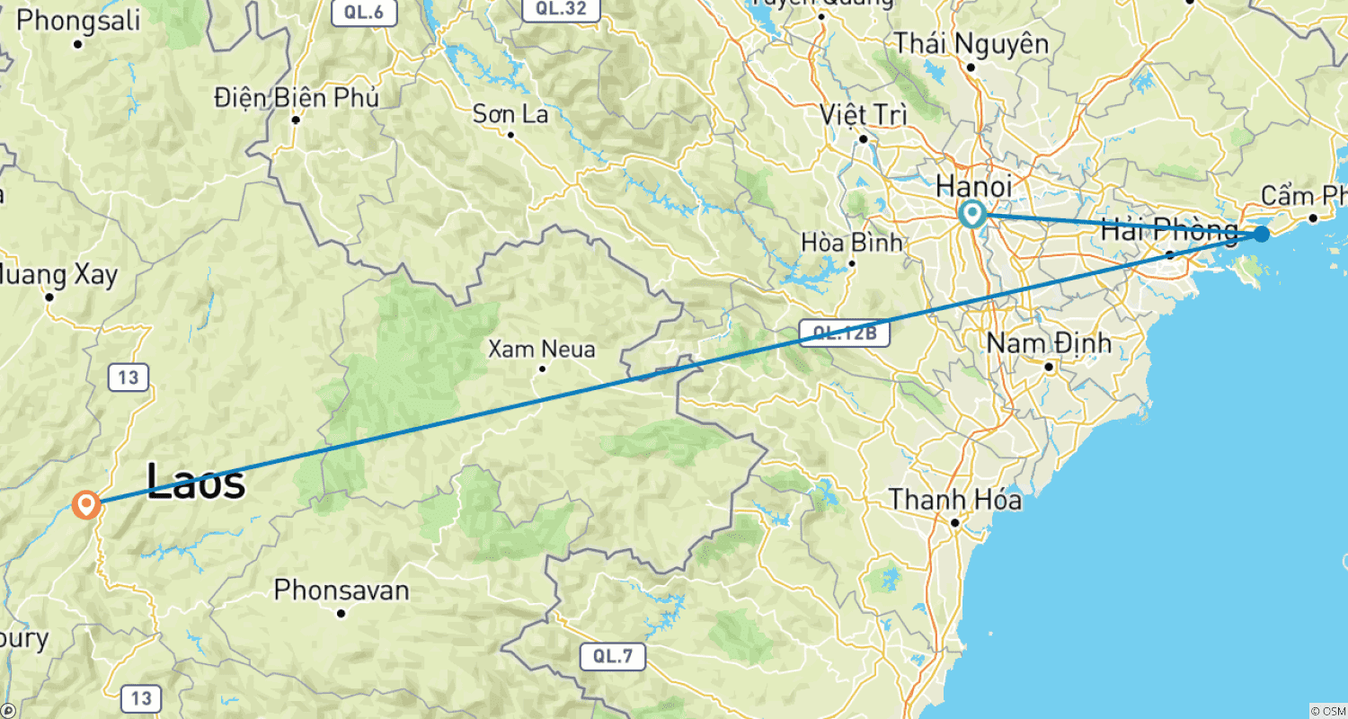 Mapa trasy: 8-dniowa wycieczka po Wietnamie i Laosie: Z Północnego Wietnamu do Luang Prabang