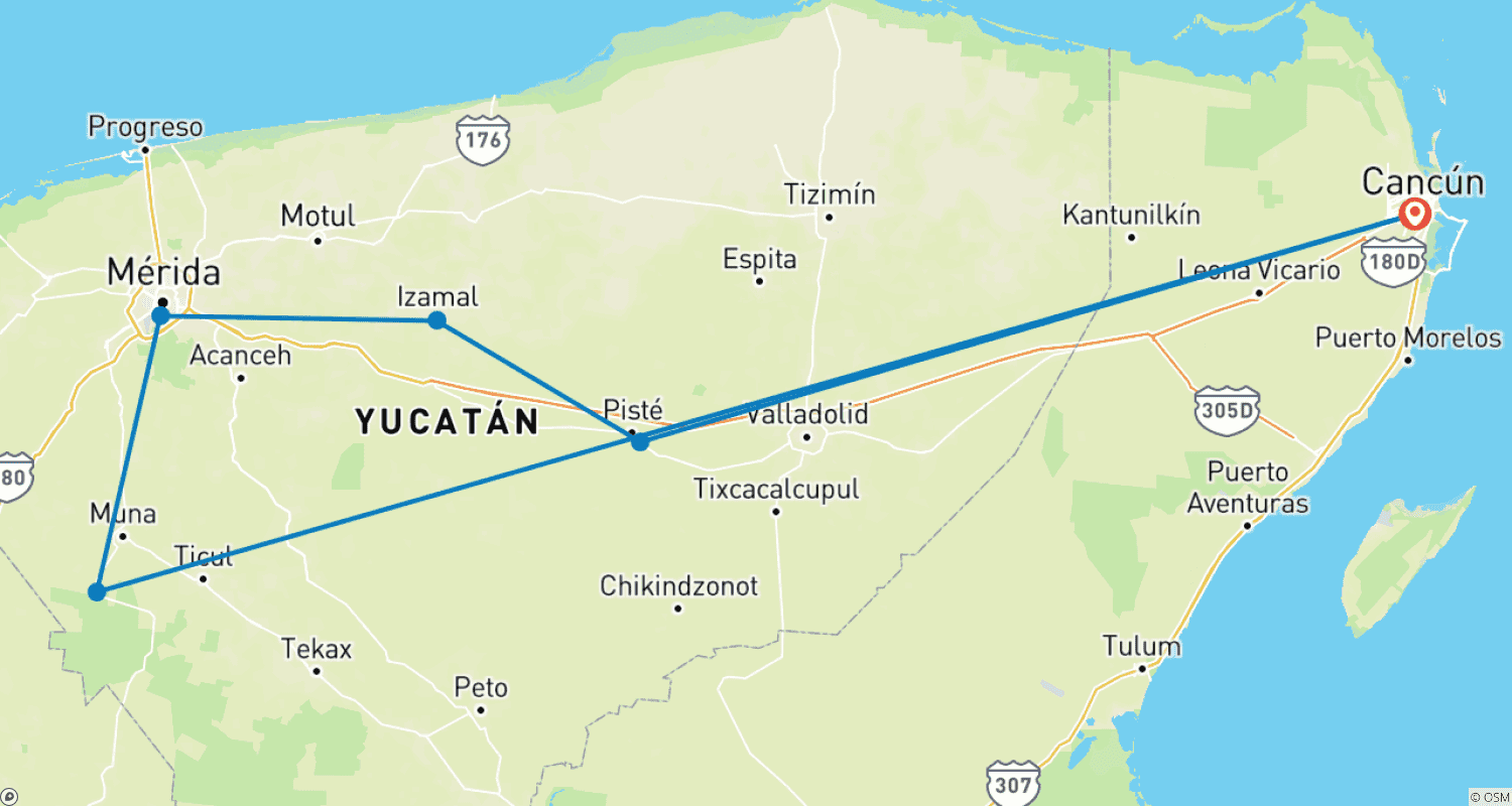Mapa trasy: Mexico: Uxmal, Mérida, Izamal , Chichén Itzá, Cancun - 2 Days
