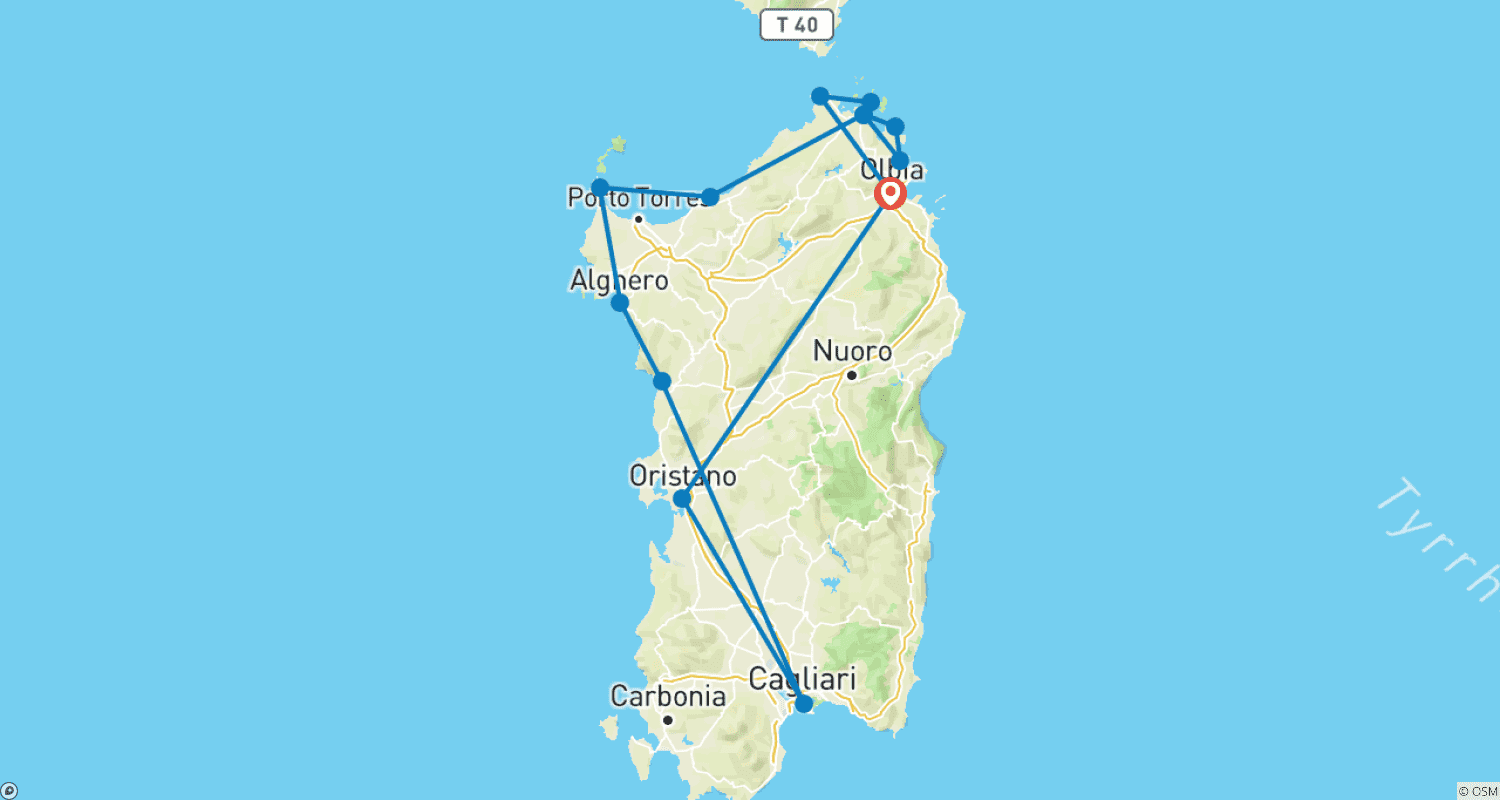 Mapa do percurso de Excursão de 5 Dias pela Sardenha a partir de Olbia