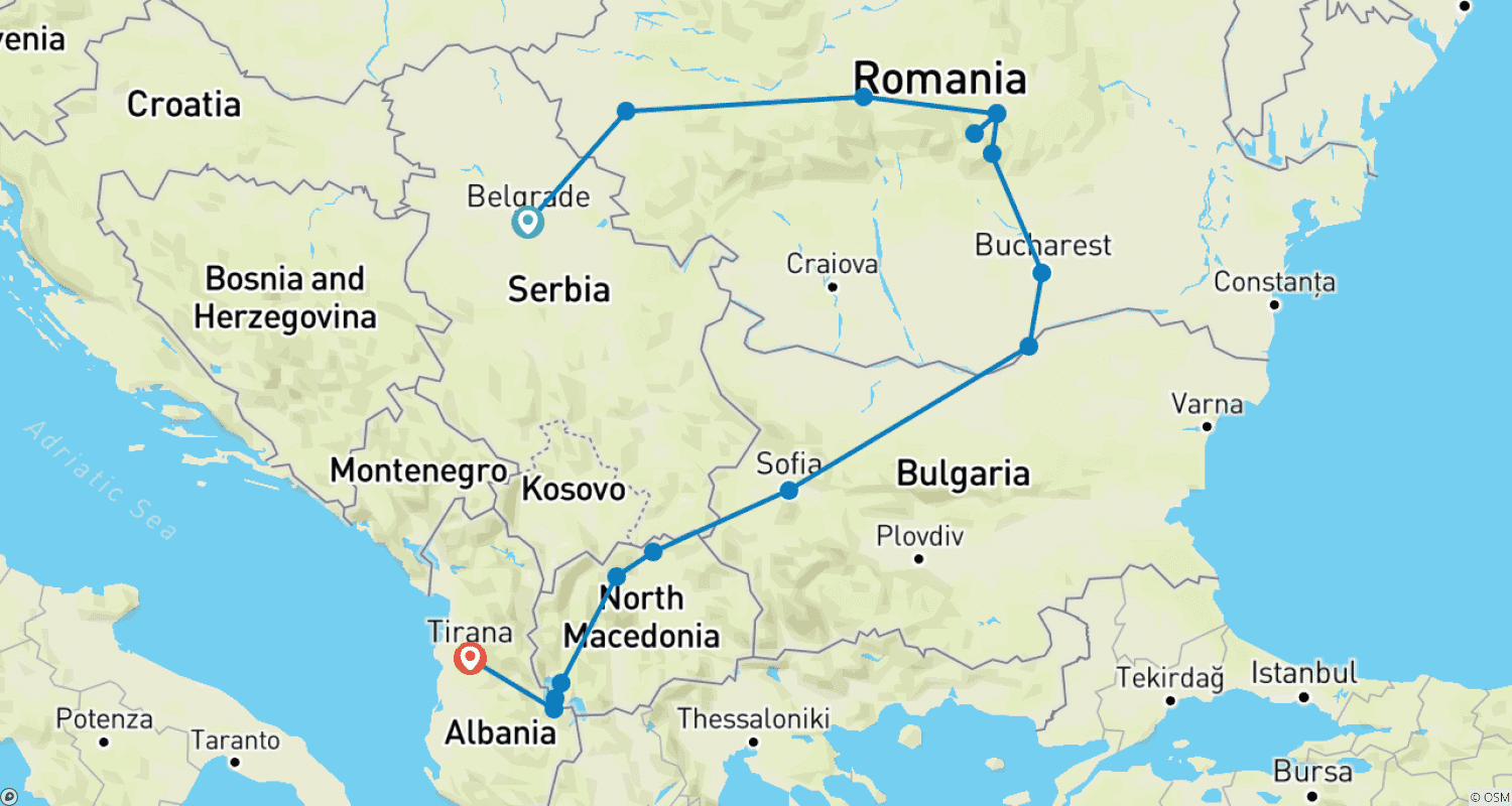 Mapa trasy: Najważniejsze atrakcje Bałkanów